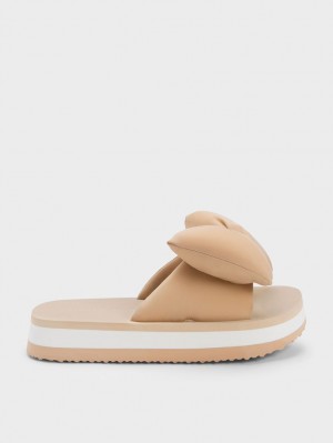 Charles And Keith Puffy Bow Slides Beige | PHILIPPINES J695