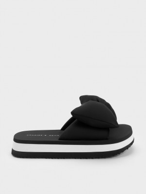 Charles And Keith Puffy Bow Slides Black | PHILIPPINES V164