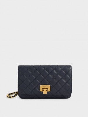 Charles And Keith Quilted Push-Lock Clutch Bag Navy | PHILIPPINES D873