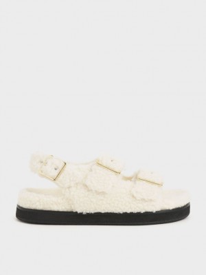 Charles And Keith Recycled PET - Furry Platform Sandals Cream | PHILIPPINES B023