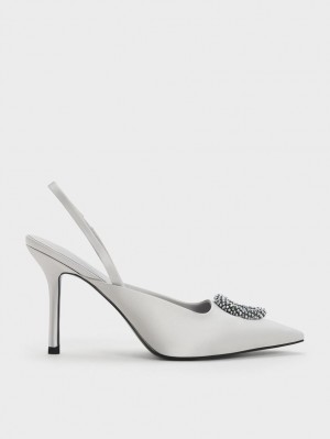 Charles And Keith Recycled Polyester Beaded Circle Slingback Pumps Silver | PHILIPPINES M341