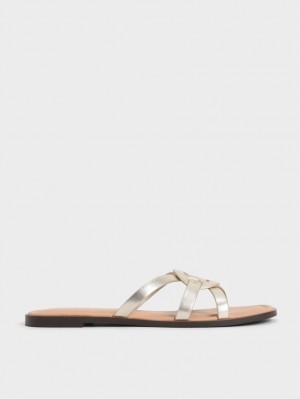 Charles And Keith Ring Detail Metallic Strappy Flats Slides Gold | PHILIPPINES F820