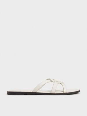 Charles And Keith Ring Detail Strappy Flats Slides White | PHILIPPINES M072