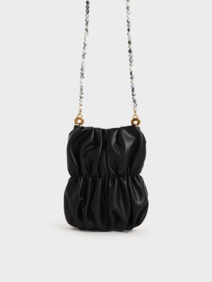 Charles And Keith Ruched Bead-Handle Crossbody Bags Black | PHILIPPINES J076