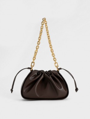 Charles And Keith Ruched Chain Handle Drawstring Shoulder Bags Dark Brown | PHILIPPINES I367