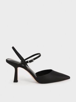 Charles And Keith Satin Ankle-Strap Pumps Black | PHILIPPINES Y609