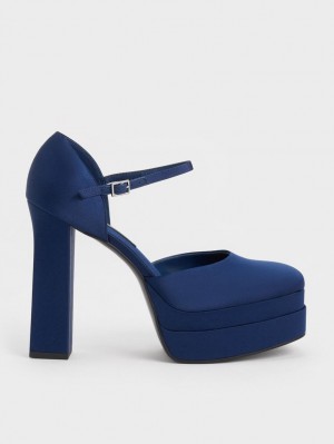 Charles And Keith Satin Platform D'Orsay Pumps Dark Blue | PHILIPPINES M324