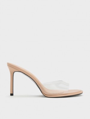 Charles And Keith See-Through Cylindrical Heel Mules Beige | PHILIPPINES Z684