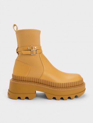 Charles And Keith Slip-On Platform Ankle Boots Mustard | PHILIPPINES Z670