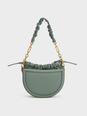 Charles And Keith Solange Ruched Chain Handle Crescent Tote Bags Olive | PHILIPPINES L412