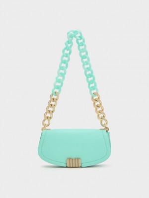 Charles And Keith Sonnet Two-Tone Chain Handle Shoulder Bags Turquoise | PHILIPPINES E349