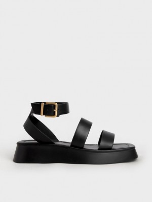 Charles And Keith Square Toe Ankle Strap Sandals Black | PHILIPPINES Y703