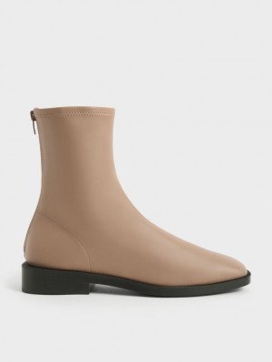 Charles And Keith Square Toe Zip-Up Ankle Boots Brown | PHILIPPINES S182