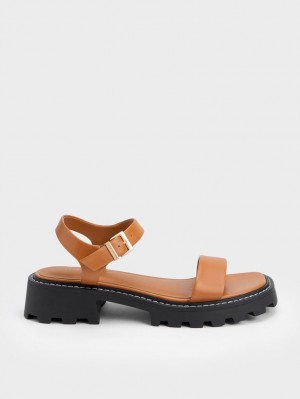 Charles And Keith Stitch-Trim Buckled Platform Sandals Brown | PHILIPPINES E610