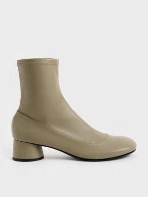 Charles And Keith Stitch-Trim Cylindrical Heel Ankle Boots Olive | PHILIPPINES S417