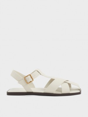 Charles And Keith Strappy Crossover Flat Sandals White | PHILIPPINES M146