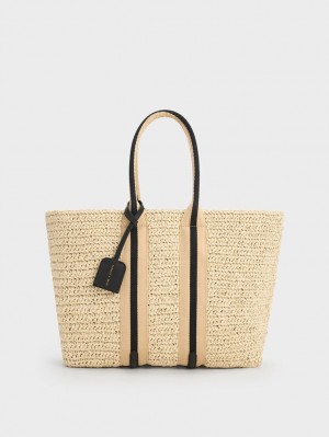 Charles And Keith Striped Handles Raffia Tote Bags Beige | PHILIPPINES L287