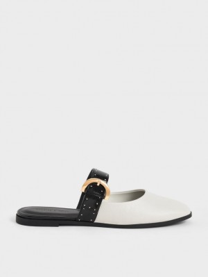 Charles And Keith Studded Buckled Flat Mules White | PHILIPPINES M794