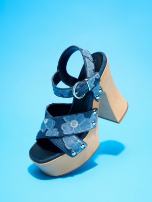 Charles And Keith Tabitha Floral Denim Crossover Platform Sandals Blue | PHILIPPINES B195