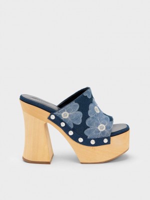 Charles And Keith Tabitha Floral Denim Platform Clogs Blue | PHILIPPINES M726