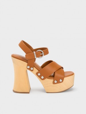 Charles And Keith Tabitha Leather Crossover Platform Sandals Brown | PHILIPPINES F079