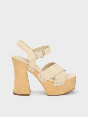 Charles And Keith Tabitha Leather Crossover Platform Sandals Cream | PHILIPPINES L501