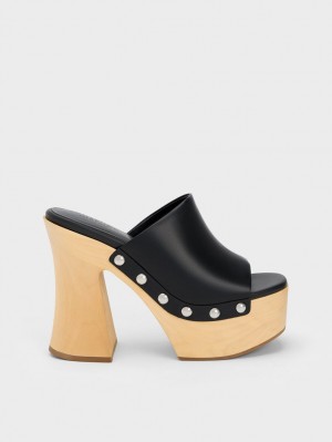 Charles And Keith Tabitha Leather Platform Clogs Black | PHILIPPINES T206