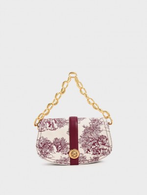 Charles And Keith Tiger Calligraphy Chain Handle Shoulder Bags Burgundy | PHILIPPINES S793