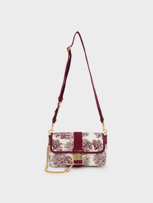 Charles And Keith Tiger Calligraphy Chain-Link Shoulder Bags Burgundy | PHILIPPINES S618