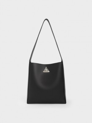 Charles And Keith Trice Metallic Accent Large Hobo Bag Black | PHILIPPINES R793