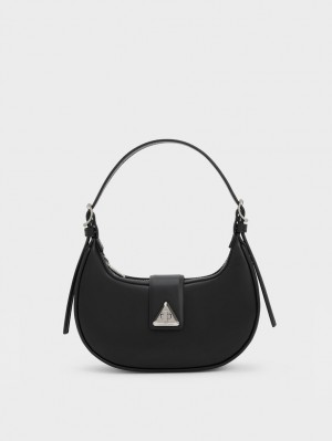 Charles And Keith Trice Metallic Accent Belted Shoulder Bags Black | PHILIPPINES O817