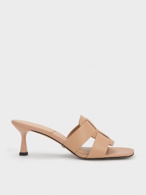 Charles And Keith Trichelle Interwoven Leather Spool Heel Mules Beige | PHILIPPINES P380