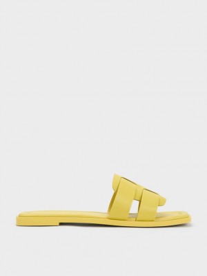 Charles And Keith Trichelle Interwoven Leather Slide Sandals Yellow | PHILIPPINES E754