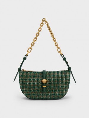 Charles And Keith Trudy Tweed Belted Geometric Shoulder Bags Dark Green | PHILIPPINES D913