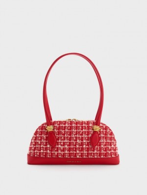 Charles And Keith Trudy Tweed Elongated Handle Shoulder Bags Red | PHILIPPINES Y032