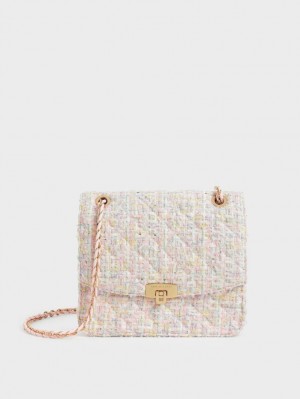 Charles And Keith Tweed Chain Strap Shoulder Bags Pink | PHILIPPINES X309