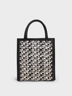 Charles And Keith Tweed Double Handle Tote Bags Black | PHILIPPINES C726