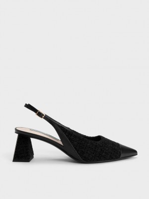 Charles And Keith Tweed Toe Cap Slingback Pumps Black | PHILIPPINES P340