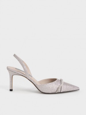 Charles And Keith Twist Detail Glittered Slingback Pumps Silver | PHILIPPINES Y349