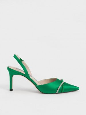 Charles And Keith Twist Detail Satin Slingback Pumps Green | PHILIPPINES M247