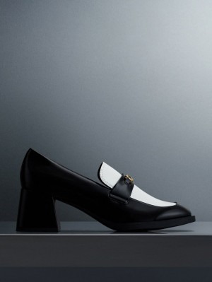 Charles And Keith Two-Tone Metallic Accent Block Heel Loafer Pumps Black | PHILIPPINES H481