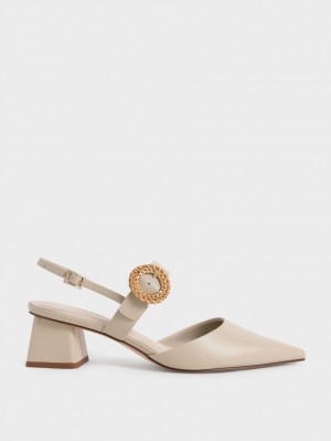 Charles And Keith Woven Buckle Slingback Heeled Pumps Beige | PHILIPPINES X654