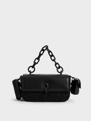 Charles And Keith Wren Acrylic Chain Handle Tweed Shoulder Bags Black | PHILIPPINES G987