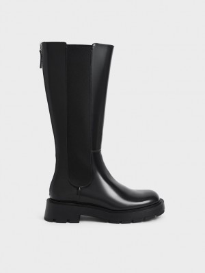 Charles And Keith Zip-Up Chelsea Knee-high Boots Black | PHILIPPINES B059