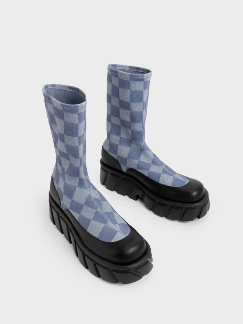 Charles And Keith Aberdeen Denim Checkered Platform Boots Multicolor | PHILIPPINES Q412