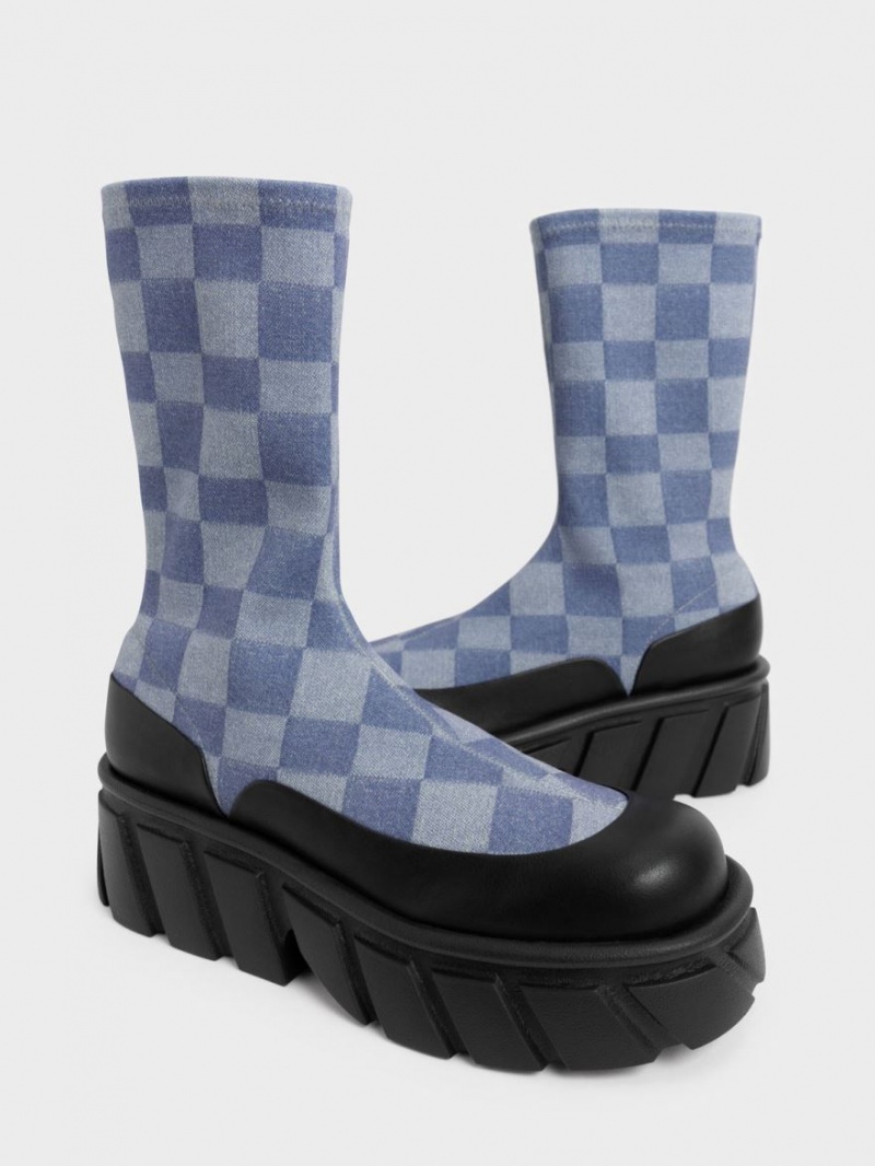 Charles And Keith Aberdeen Denim Checkered Platform Boots Multicolor | PHILIPPINES Q412