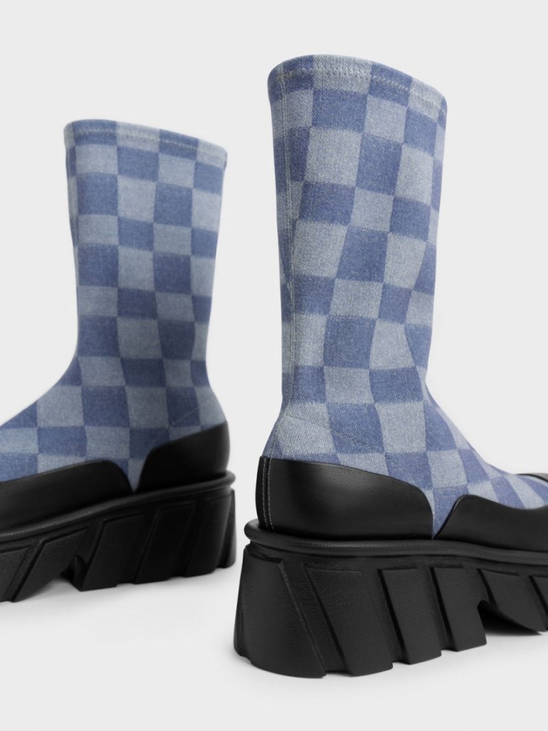 Charles And Keith Aberdeen Denim Checkered Platform Boots Multicolor | PHILIPPINES Q412