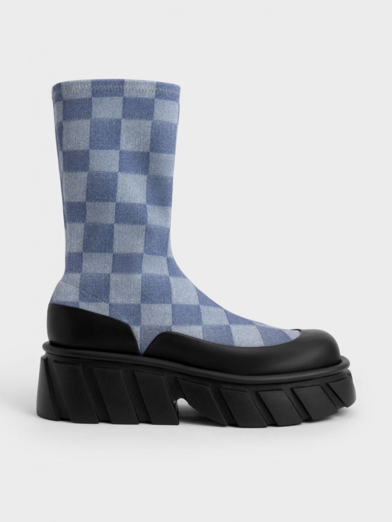 Charles And Keith Aberdeen Denim Checkered Platform Boots Multicolor | PHILIPPINES Q412