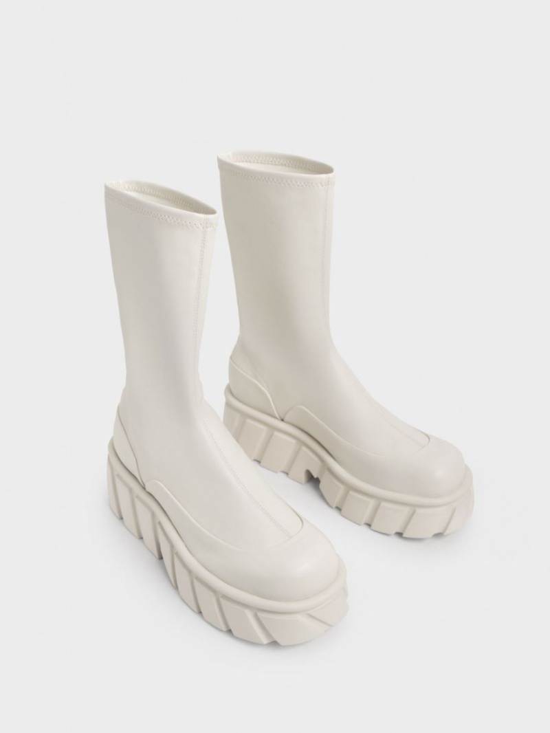 Charles And Keith Aberdeen Platform Boots Cream | PHILIPPINES L286