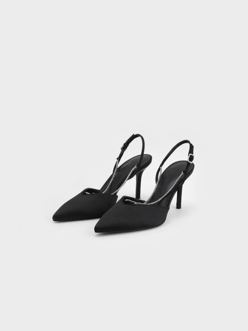 Charles And Keith Adel Recycled Polyester Gem-Strap Slingback Pumps Black | PHILIPPINES O150